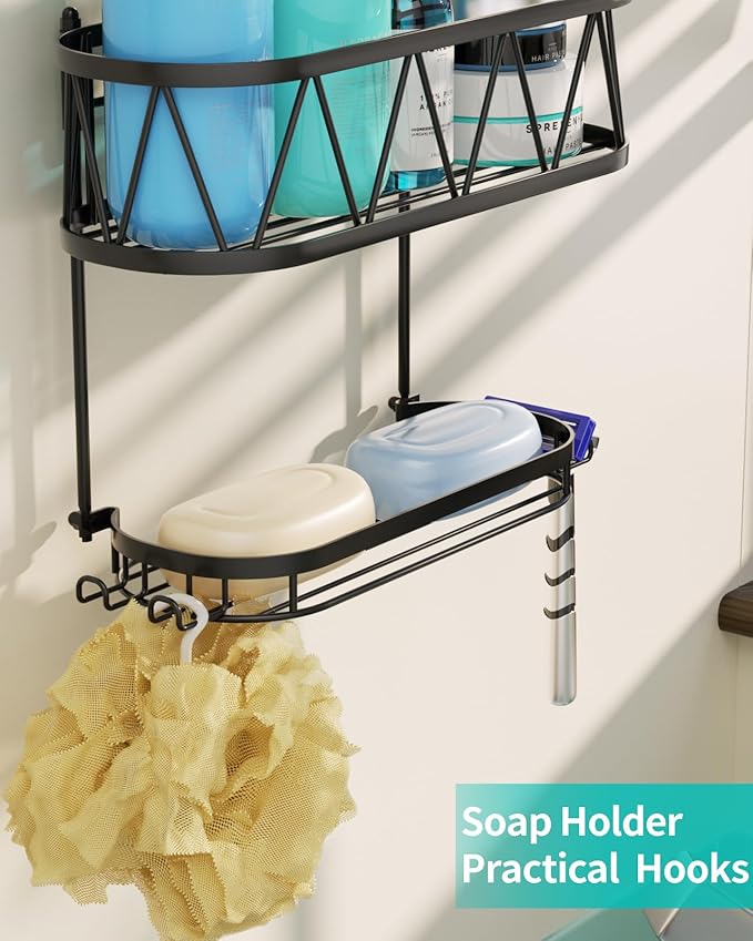 HapiRm Hanging Shower Caddy, Rustproof & Waterproof Shower Organizer with Soap Holder & 4 Hooks, No Drilling Hanging Bathroom Shelf for Bathroom - Black