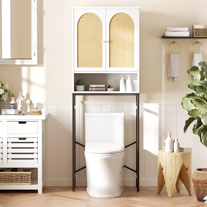 Rattan Over The Toilet Storage Cabinet, Bathroom Organizers and Storage Over Toilet with Rattan Door and Metal Stand, Tall Storage Shelves Above Toilet, Wood Rack for Restroom, Laundry, White