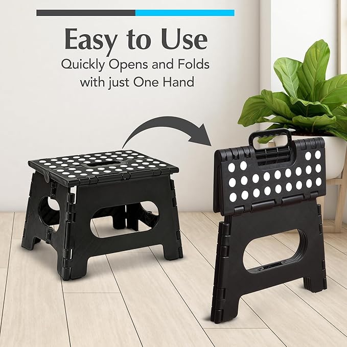 Handy Laundry Folding Step Stool - Sturdy Enough Collapsible Stool to Support Adults - Opens Easy with One Flip - Great for Kitchen, Bathroom or Bedroom (Black - 9 Inch)