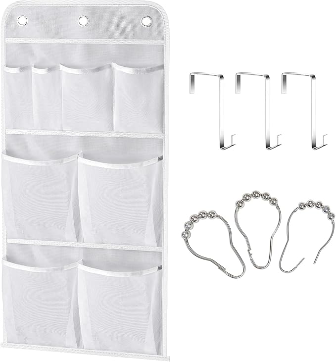MISSLO Hanging Mesh Pockets Hold 340oz/1000ml Shampoo Shower Organizer with Over the Door Hooks