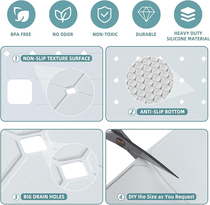 Shower Mat Non Slip Silicone Soft Odorless Bathtub Mat Non Slip No Suction Cups for Refinished,Reglazed and Textured Bath Tub Mat 24 X 24 Inch White