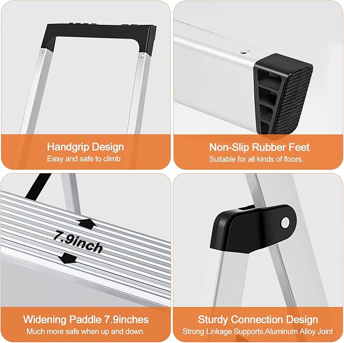 Sweetcrispy 5 Step Ladder, 330lbs Folding Step Stool with Anti-Slip Wide Pedal,Tool Tray, Aluminum Stool Ladders, Safety Household Ladder for Home Kitchen Courtyard Outdoor