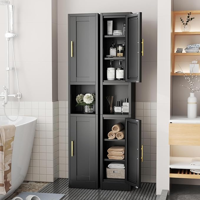Tall Metal Narrow Bathroom Storage Cabinet 67" H, Tall Black Pantry Cabinets with 4 Adjustable Shelves and 2 Doors for Kitchen, Home Office, Living Room, Dining Room(11.8 inches Wide)