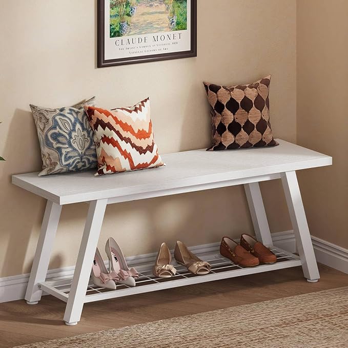 Oastreeful Industrial Entryway Bench Rustic Wood and Metal Storage Bench for Indoor Living Dining Room Bedroom Long Shoe Benches Seat (White)