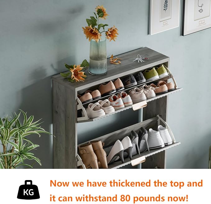 Shoe Cabinet Storage,Modern Freestanding Organizer with 3 Flip Drawers,Narrow Shoe Rack Cabinet for Entryway,Grey