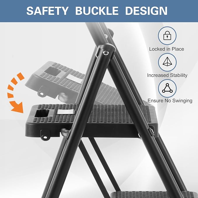 Nazhura Foldable 3 Step Stool Ladder, 300 Lb Weight Limit Folding 3 Stepping Ladder for Kitchen, with Wide Anti-Slip Pedal, Sturdy Steel Ladder, Convenient Handrail, Lightweight