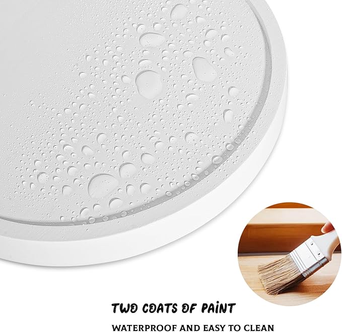 Round Decorative Tray Wood Bathroom Counter Organizer Farmhouse Kitchen Decor Wooden Riser for Soap Dish, Perfume, Candle, Sponge, 12" - White