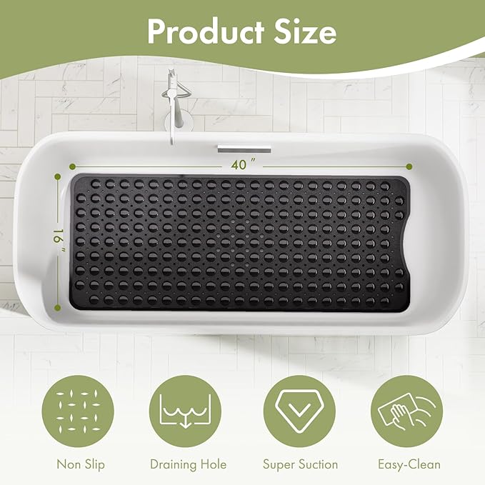 AmazerBath Shower Mat Non Slip 40 x 16 Inches, Shower Stall Mats with Suction Cups and Drain Holes, Non Slip Bath Mat for Tub for Elderly & Kids, Clear Black