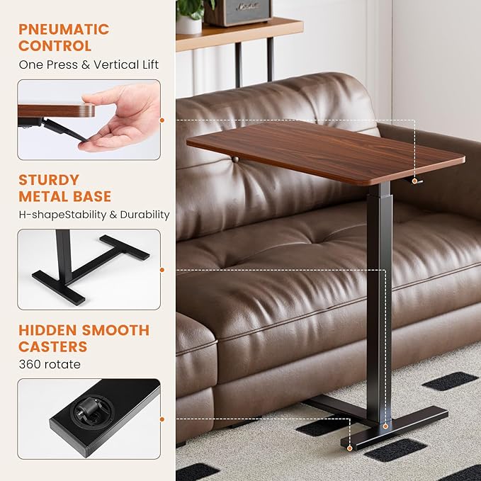 Sweetcrispy Overbed Bedside Table with Wheels Adjustable Hospital Home Use Rolling Laptop Mobile Standing Space Saving Durable Frame Side Storage Shelf Easy Assembly Chocolate