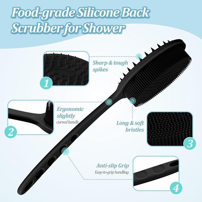 Silicone Back Scrubber & Bath Glove Set 2PCS, 13.4'' Gentle Shower Back Scrubber with Dual-Side Head Non-Slip Handle, 360° Anti-Slip Hand-fit Bath Glove for Rich Foaming Deep Cleaning(Black)