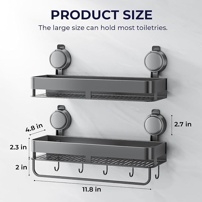 Shower Caddy Suction Cup,2 Pack Extra-strong Suction Shower Shelves,No Drilling Rustproof Organizer for Bathroom,Kitchen,Home Decor,Reusable Bathroom Storage with Large Capacity(11.8 inch)