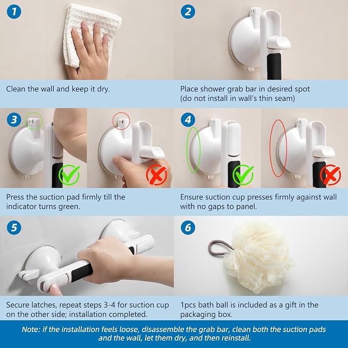 Grab Bar for Bathtubs and Showers, Zynuhmo 12 Inch Suction Cup Safety Grab Bar with 1PCS Bath Ball No Drilling Suction Shower Handrails for Seniors Elderly Kids Bathroom Assist Support(1Pack, Black)