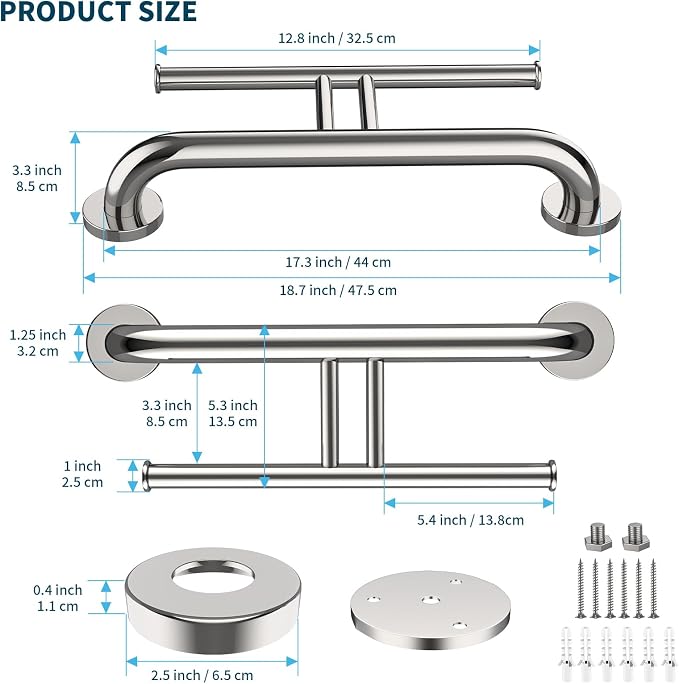 Chrome Grab Bar w/Double Toilet Paper Roll Holder 17 Inch, iHansee Stainless Steel Shower Support Balanced Support Handle, Wall Mounted Safety Bathroom Handrail for Elderly Senior Handicap Disabled