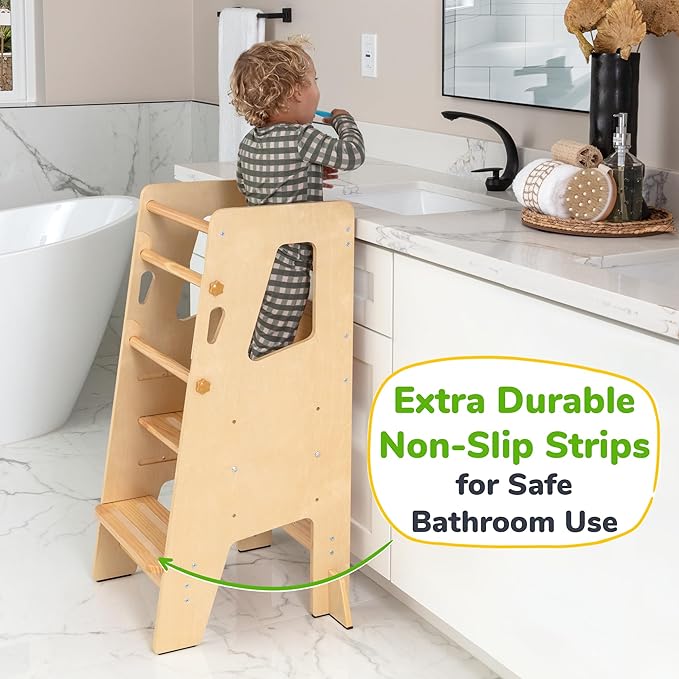 OCODILE Toddler Standing Tower - Adjustable Height Toddler Kitchen Stool Helper - Ideal Kids Kitchen Step Stool for Learning New Skills - Extra Secure with Safety Feet - Varnished