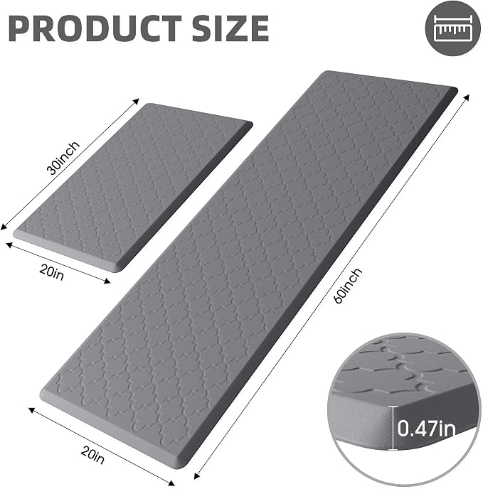 Kitchen Mats for Floor 2 Piece - Anti Fatigue Mats for Kitchen Floor - Non Slip Cushioned Rugs for Standing, Office, Sink, Laundry, Grey