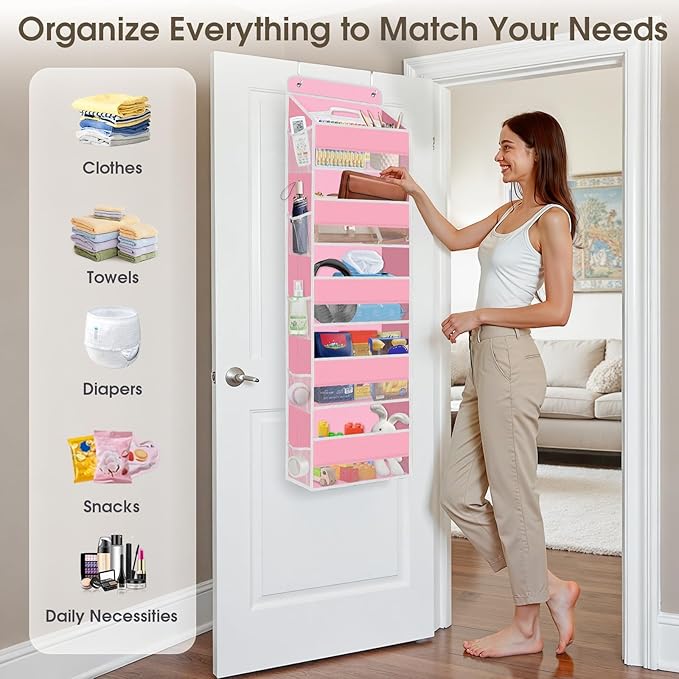SpaceHacks 2 Pack Over The Door Organizer Hanging Storage Organizers with Clear Window 40lb Large Capacity Room Organizer for Pantry Laundry Bathroom Nursery Closet(Pink)