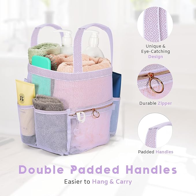 DV Lifestyle Mesh Shower Caddy Dorm, 7 Pockets & 1 with Zipper, Shower Tote with Padded Handles, Travel Portable, Shower Caddy College Room Essentials, Bathroom Shower Bag (Light Gray)