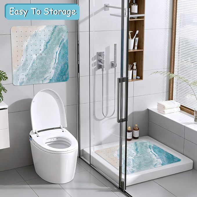 Beach Square Anti Slip Shower Mats for Inside Shower Accessories, Cute Bath Mats for Bathroom Non Slip Shower Floor Mat Sea Decor Rubber Bathmat with Suction and Drain Holes Machine Washable, 21″X21″