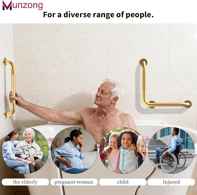 16" Angled Gold Bathroom Grab Bars for Shower with 20" Straight Munzong Toilet Handicap Grab Rail,Anti Slip Stainless Steel Knurled Safety Handle Support Elderly Injury Senior