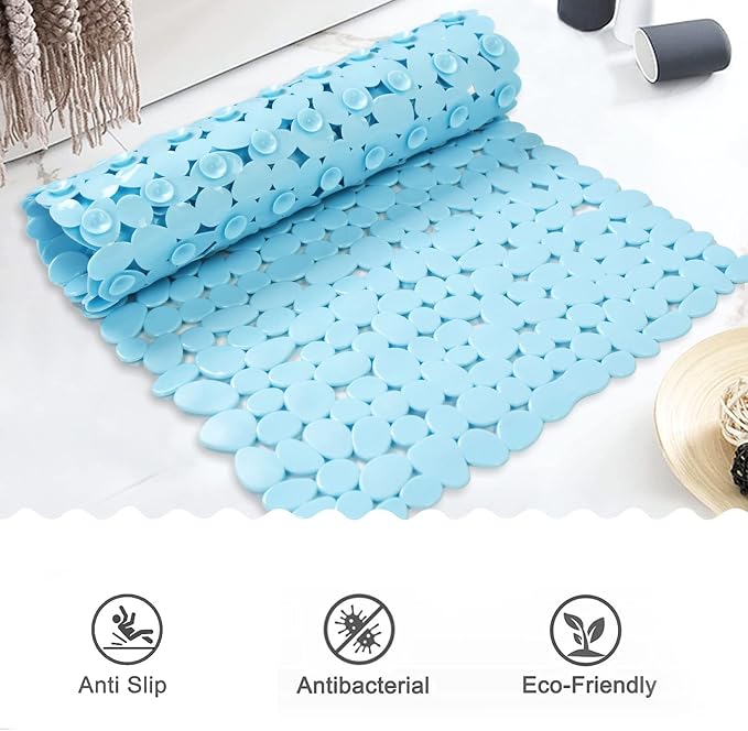 SONGZIMING Bathtub Mat Non Slip Pebble Bath Shower Mat with Drain Holes, Suction Cups Mat for Tub 16" W x 35" L, Blue