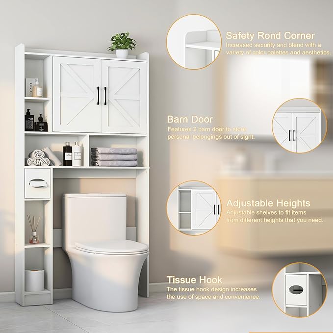 Vabches Over The Toilet Storage Cabinet, Farmhouse Storage Cabinet Over Toilet with 2 Barn Door & Toilet Paper Holder Stand, Home Space-Saving Rack, for Bathroom, Restroom (White).