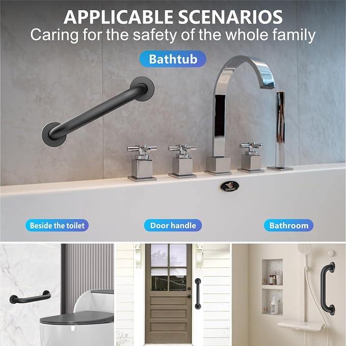 2-Pack 12-Inch Shower Grab Bars, Black | SUS304 Stainless Steel, 1.0-Inch Diameter, Safety Handles for Seniors, Elderly, Handicap