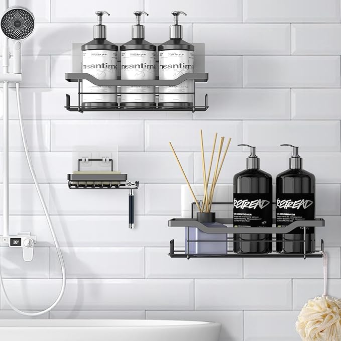 Shower Caddy Shelves Organizer, 3 Pack with Soap Holder, No Drilling Wall Mounted Self Adhesive Shelves, Matte Black