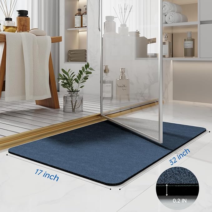 Bath Mat Rugs 32x17 - Diatomaceous Earth Bath Mat Quick Dry Absorbing Bathroom Rugs Rubber Non Slip Thin Bathroom Mat Fit Under Door, Bath Mats for Bathroom, Tub and Shower, Sink, Navy Blue