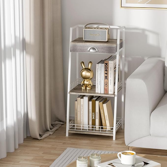 keomaisyto 3-Tier Small Bathroom Shelves with Drawer, Floor Storage Shelf, Small Bathroom Stand Rack, Freestanding Ladder Shelf for Living Room Bedroom, White