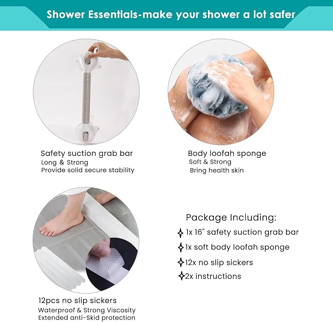 16 Inch Long Suction Grab Bar for Bathroom Indicator Light, Suction Shower Balance Assist Bar Support Rail Helping Handle for Tub Elderly Seniors Handicap Strong Suction Bathtub Grips Non Slip Sticker