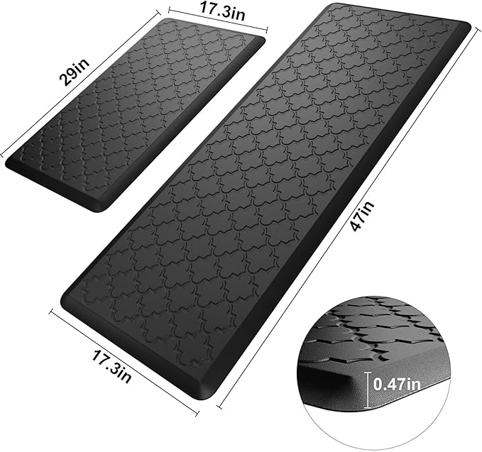 Kitchen Mats for Floor 2 Piece - Anti Fatigue Mats for Kitchen Floor - Non Slip Cushioned Rugs for Standing, Office, Sink, Laundry, Black