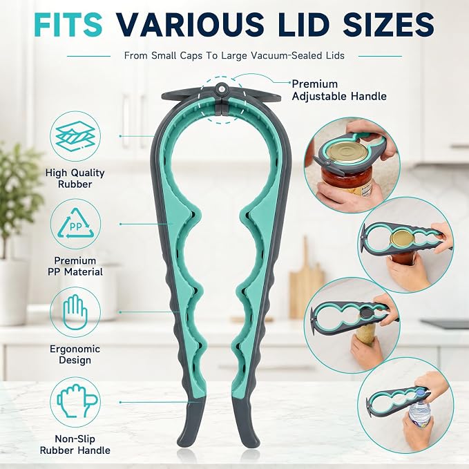 KORCCI Jar Opener 3 Pack Set for Weak Hands, 5-in-1 Lid and Bottle Opener with 4-in-1 Can Opener & Non-Slip Rubber Gripper Pad, Easy Grip Kitchen Tool for Stubborn Jars and Bottles