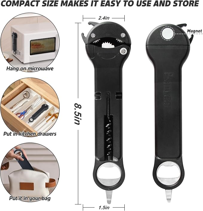 Jar Opener for Seniors with Arthritis, 7 in 1 Bottle Opener and Wine Corkscrew, Easy Grip Kitchen Gadget for Weak Hands Elderly, Retractable Jaw Lid Opener with Magnetic Storage (Black)