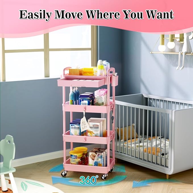 SUNALLY 4 Tier Rolling Utility Cart with Drawer, Storage Organizer Cart with 2 Lockable Wheels, Multifunctional Rolling Storage Cart for Bathroom, Kitchen, Craft, Makeup, Baby Essentials, Pink