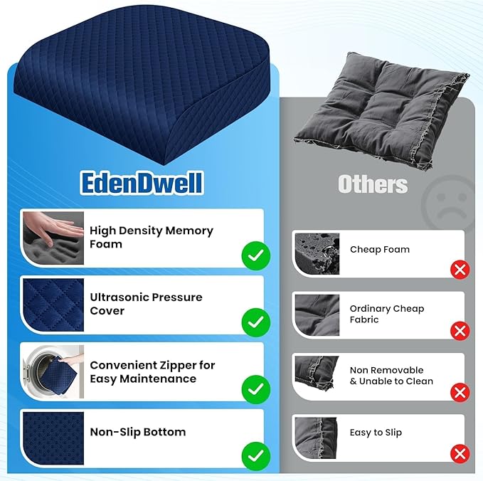 Seat Cushion for Office Chair, Memory Foam Chair Cushions, Car Seat Cushion for Long Sitting, Desk Chair Cushion for Pressure Relief, Non-Slip Bottom, Washable Cover, X-Large, Blue