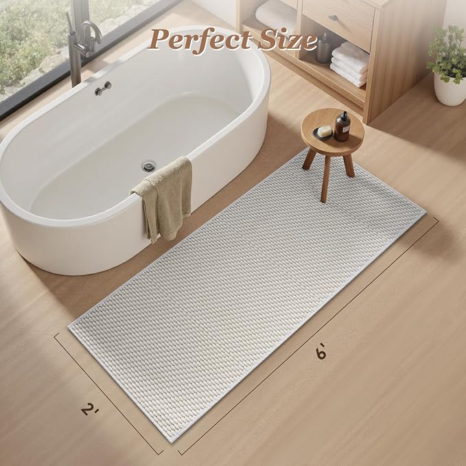 AMOAMI Unique Woven Bathroom Runner Rug, Super Absorbent Non Slip Bath Mats for Bathroom Textured Bathroom Mat Quick Dry Boho Rugs Runners for Hallyways Kitchen Bedroom Beside Tub, 2' x 6', White