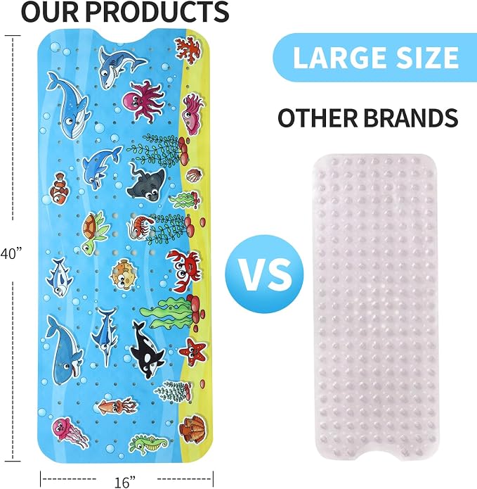 Bath Mat for Tub Non Slip Baby Kids Bathtub Mat Extra Long 40X16 Inch Anti Slip Toddler Shower Mat with Suction Cups & Drain Holes, Machine Washable,Ocean World
