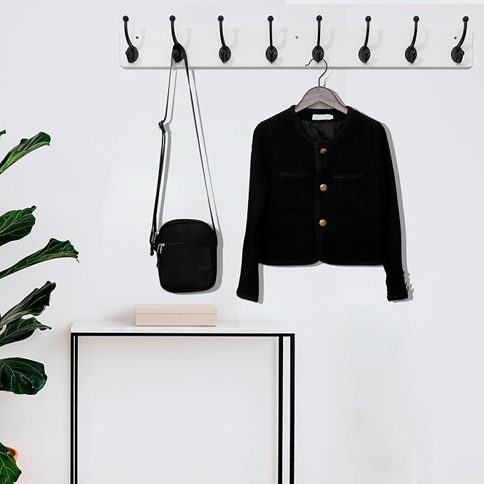 WEBI Rustic Coat Rack Wall Mount,35.43" Long 8 Cast Iron Coat Hooks Wall Mounted,Heavy Duty Wall Coat Hanger Hooks for Hanging Coats,Clothes,Black on White,2 Packs