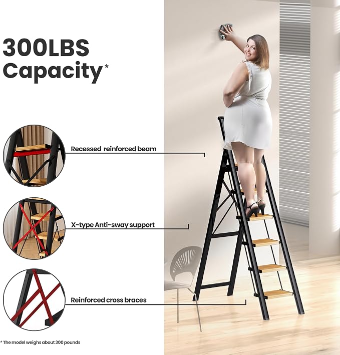 SOLADDER 6 Step Ladder for 12 Ft High Ceiling, Folding Step Stool with Handgrip & Anti-Slip Wide Pedal, Portable Aluminum Stepladder for Kitchen, Home (300 lbs Capacity) - Black+Wood Grain