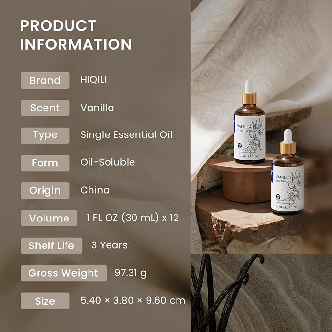 HIQILI Vanilla Essential Oil Set-1 fl oz (12 Pack), 100% Pure Natural with Stable Quality, Bulk Pack for Business Purchase