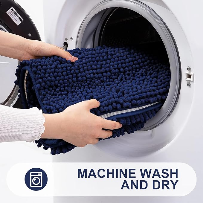 Grandaily Chenille Striped Bathroom Rugs 40x32, Extra Thick and Absorbent Bath Mats, Non-Slip Soft Plush Shaggy Shower Carpet, Machine Wash Dry, Bath Rug for Bathroom, Navy