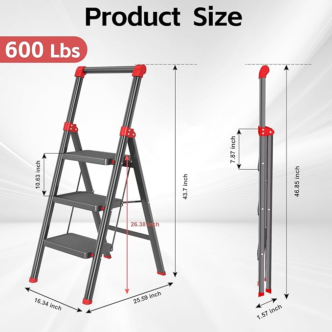 Foldable Step Ladder Stool for Home,3 Step Stool with Wide Anti-Slip Pedal, Heavy Duty 600Lbs Ladder for Indoor Kitchen Closet Stair Use, Black Red