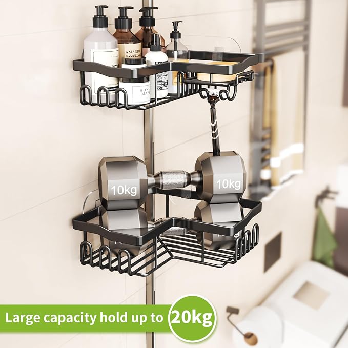 Corner Shower Caddy with Soap Holder, 2 Pack Stainless Steel Corner Shower Organizer with 11 Hooks, No Drilling & 6 Strong Adhesives Corner Shower Shelf Bathroom Organizer for Shower Room, Black