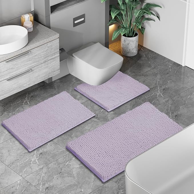 RUN HELIX Chenille Bathroom Rugs - 3 Piece Bath Mats, Non-Slip Luxury Bathroom Runner Rugs, Extra Soft and Absorbent Shaggy Rugs, Washable Dry Plush