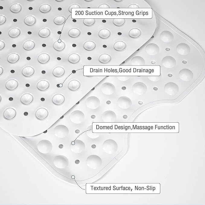 Extra Long White Bathtub Mat Non Slip, Soft Bath Mat for Tub 40 x 16 Inch Full Size, Bath Tub Shower Mats for Bathroom Floor, Big Suction Cups and Drain Holes, Easy Washable, BPA Free