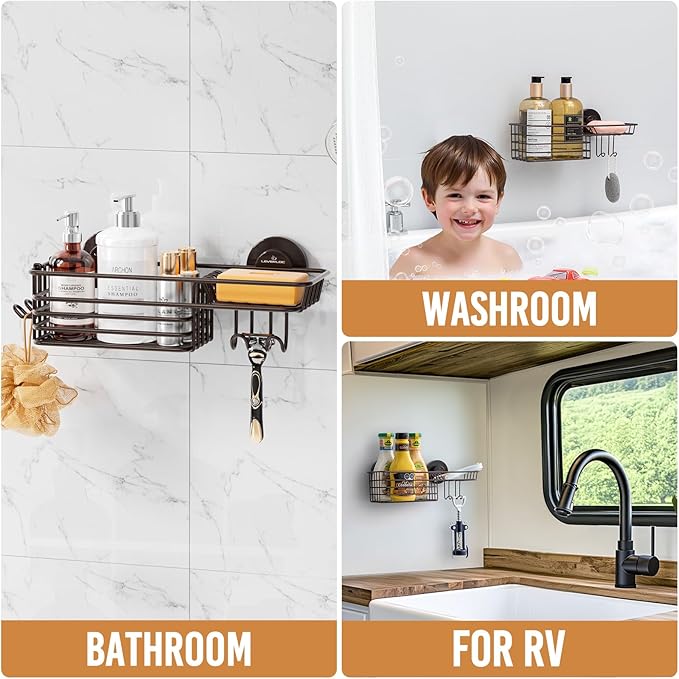 LEVERLOC Shower Caddy Suction Cup, Heavy Duty Bathroom Organizer for Inside Shower with Hooks & Soap Holder， NO-Drilling Bathroom Holder-Brown