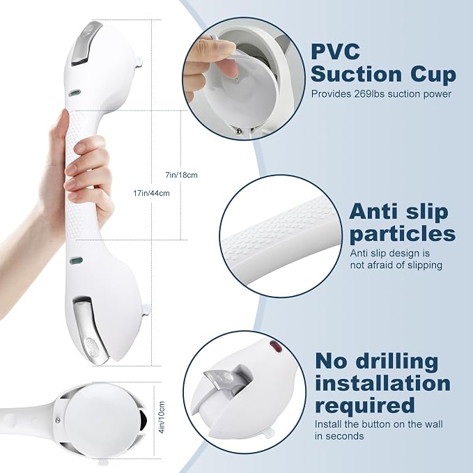 Shower Grab Bar 2 PCS Suction Grab Bars for Bathtubs and Showers, Shower Handle Removable Shower Handrails for Kids, Bathroom Safety Grip Waterproof(Silver)