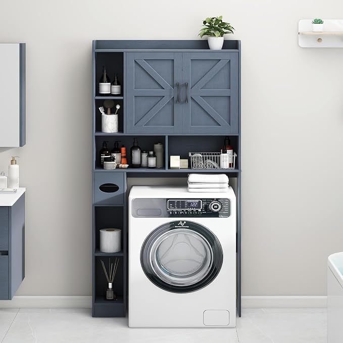 Vabches Over The Toilet Storage Cabinet, Farmhouse Storage Cabinet Over Toilet with 2 Barn Door & Toilet Paper Holder Stand，Home Space-Saving Toilet Rack, for Bathroom, Restroom, Laundry,Blue