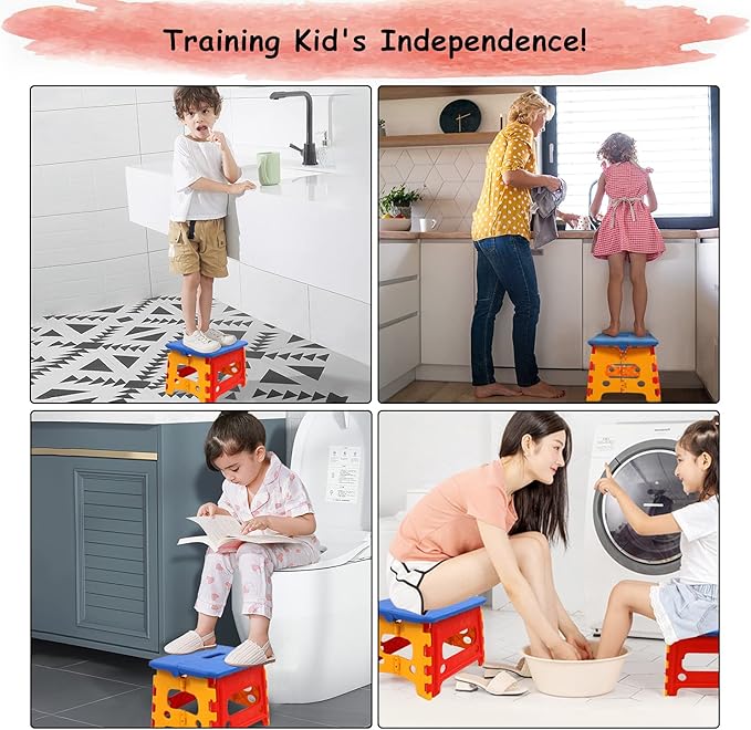Kids Folding Step Stool for Toddlers Bathroom Sink – Safety Lock to Stable（1 Pack = Red+Blue）