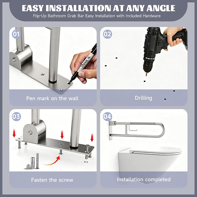 22.5 Inch Toilet Grab Bar, HUAS Chrome Anti Slip Bathroom Toilet Safety Rails, U Shaped Flip-Up Handicap Grab Bars w/Paper Holder, Stainless Steel Support Handrail for Elderly Disabled Senior